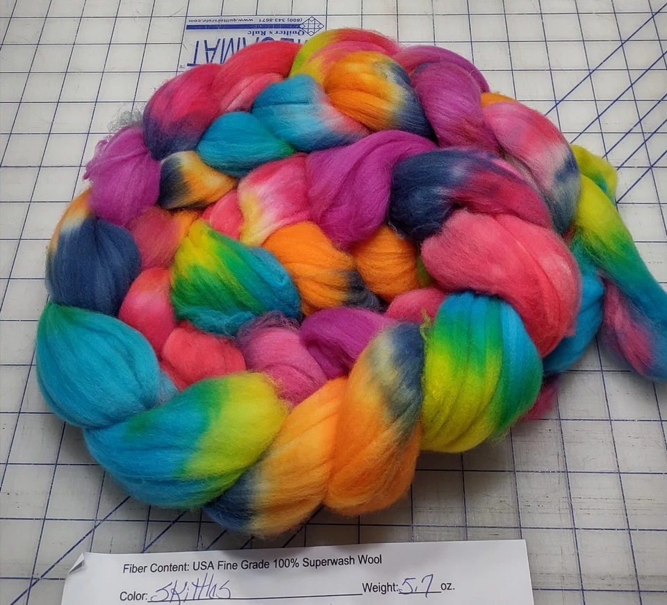 Superwash Fine Wool Top Roving Spinning Handpainted Dyed USA Skittles - Image 1 of 1