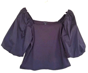 Ann TaylorTop L Black CottonNylon PuffySleeves Cotton Knit Body Cropped Peasant - Picture 1 of 9