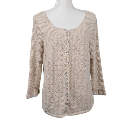 Cardigã feminino LL BEAN S Ecru malha chevron renda linho algodão boho camadas - Imagem 1 de 4