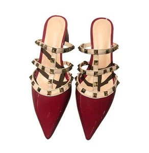 Ladies Mules Shoes Rivets Patent Leather Mid Heels Slippers Sandals UK 6 S897 - Picture 1 of 5