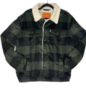 Levis Jacket Mens Green Black Plaid Sherpa Trucker Wool Blend Warm XL Chore Coat - Picture 1 of 16