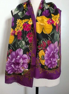 Vintage Oscar de la Renta made in Japan purple floral Oblong 11x52 In Silk Scarf - Image 1 of 4