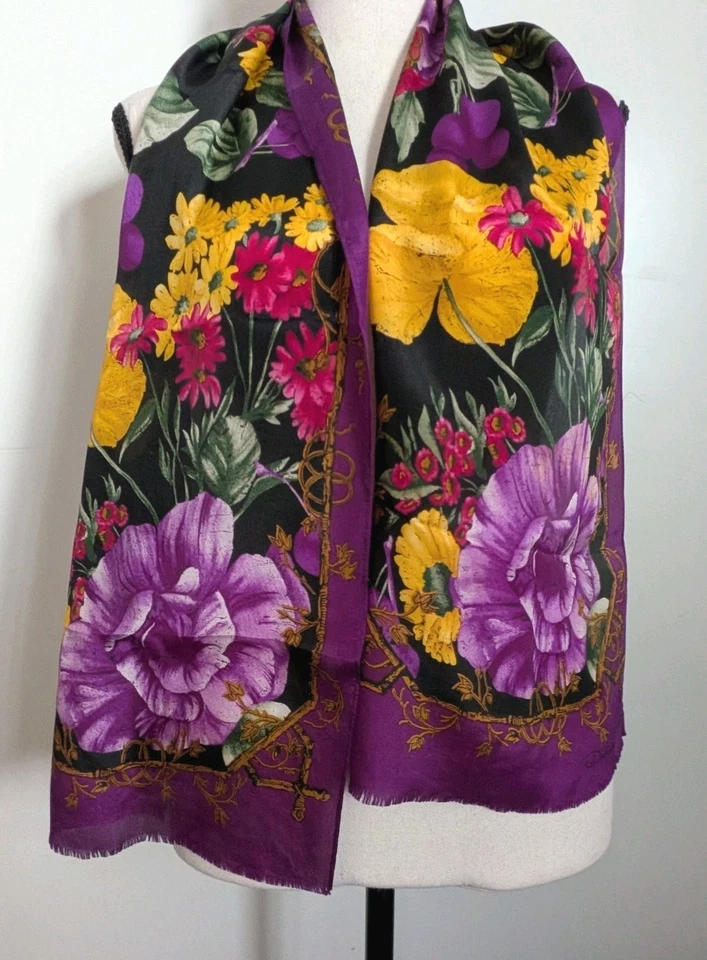 Vintage Oscar de la Renta made in Japan purple floral Oblong 11x52 In Silk Scarf - Image 1 of 4