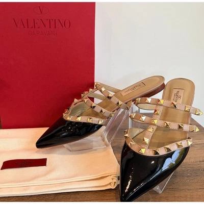 Valentino Rock Tachuelas Charol Mules Talla 39 Negro Dorado Auténticos Zapatos Caja Foto 1 de 4