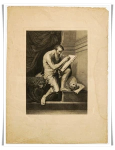 St. Jerome with Lion by Willem Key Antique Religious Art Print Engraving 19x25" - Picture 1 of 11