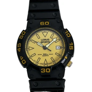 Lorus Sports 1980s Vintage Watch Seiko Yellow Dial Black Date 100m Resist Mens - Picture 1 of 10