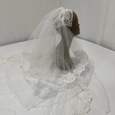 Vintage 1960s Tulle Lace + Pearl Juliet Cap Wedding Veil Fingertip Length Bridal - Image 1 of 4