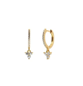 Moissanite Small huggie hoop dangle earrings with charm 14k Yellow Gold - Picture 1 of 9