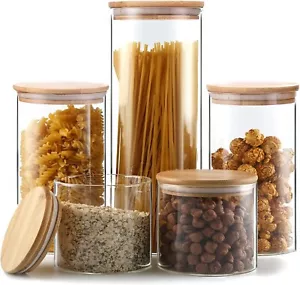 "Airtight Glass Food Storage Jars Set – Pack of 5 with Bamboo Lids for Kitchen N - Picture 1 of 7
