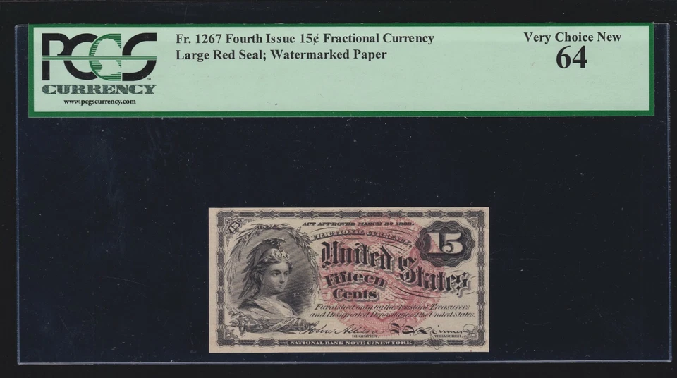 US 15c Fractional Currency Note Large Red Seal 4th Issue FR 1267 PCGS 64 Ch CU - Image 1 of 2