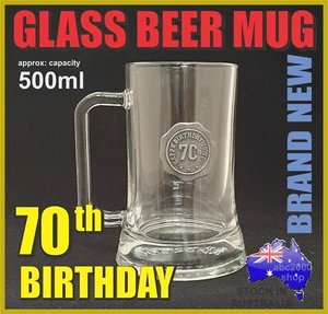70th BIRTHDAY GLASS BEER MUG STEIN TANKARD WITH HANDLE HOME BAR GIFT 500ml - Picture 1 of 2