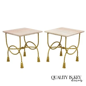 Italian Hollywood Regency Gold Iron Rope Tassel Pink Marble Top Side Table Pair - Picture 1 of 12
