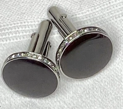 Genuine Swarovski Burgundy Onyx & Clear Crystal Round Cufflinks VTG - Image 1 of 4