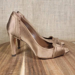 Pedro Garcia Peep Toe Heels Bronze Satin Fringe Trim Designer Shoes Size 35 US 5 - Picture 1 of 11