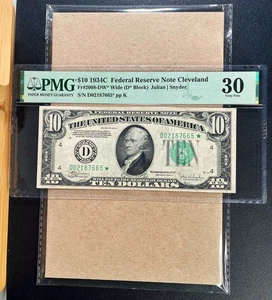 Fr. 2008-DW* 1934C $10 Federal Reserve Note CLEVELAND "WIDE" *STAR* PMG 30 - VF - Picture 1 of 2