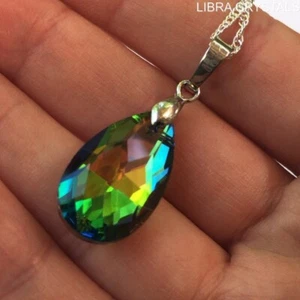 Peacock Green Aurora Borealis Premium Glass Crystal Teardrop Pendant 925s - Picture 1 of 5