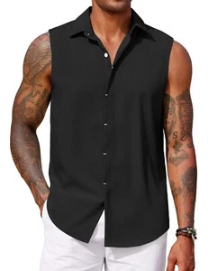Mens Casual Tank Tops Summer Beach Sleeveless Button Down Shirts for Men Black - Picture 1 of 7