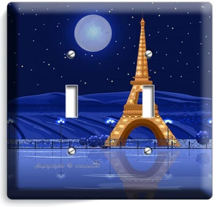 PARIS EIFFEL TOWER STARRY NIGHT MOON 2 GANG LIGHT SWITCH WALL PLATES ROOM DECOR - Picture 1 of 1
