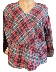 Denim & Co Langarm kariert Faux Wickel Schößchen Top Plus Größe 2X Baumwollmischung - Bild 1 von 10