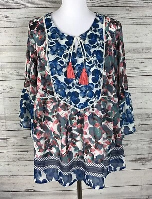 Top campesino vintage America Blues multicolor floral ojo de cerradura cuello atado talla grande 1X Foto 1 de 4