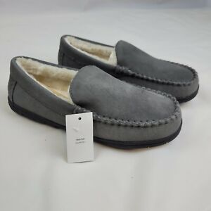 Lands End Mens Suede Leather Moccasin Slippers Arctic Gray NWT