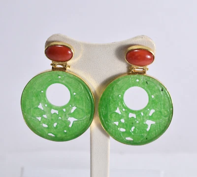 ORECCHINI ARGENTO 925 DORATO GIADA VERDE CORALLO ROSSO PRESSIONE       AGHT 0832 - Immagine 1 di 3