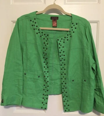 Chaqueta Multiples Verde Esmeralda 100% Lino con Acentos de Tachuelas - Talla Grande Foto 1 de 4