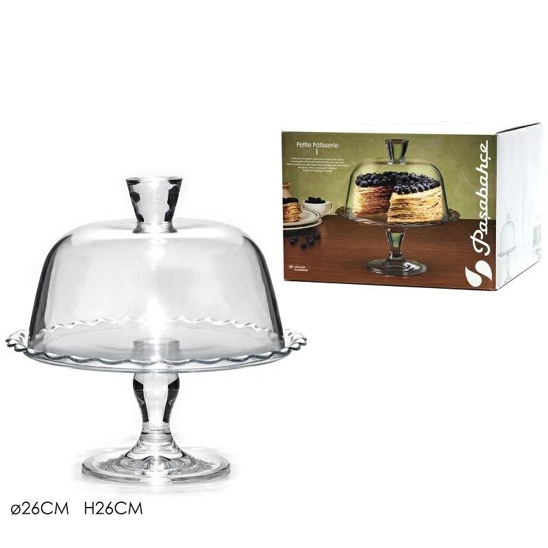 ALZATA IN VETRO TRASPARENTE CON CAMPANA 26 CM PORTA DOLCI ALZATINA PATISSERIE - Immagine 1 di 1
