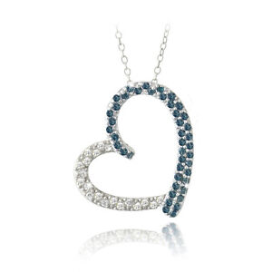 925 Silver 2/5ct Blue Diamond & White Topaz Open Floating Heart Necklace