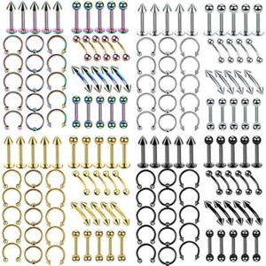 110Pcs Nose Ring Hoop Lip Tongue Navel Belly Barbell Piercing Bar Kit 14G 16G - Picture 1 of 25