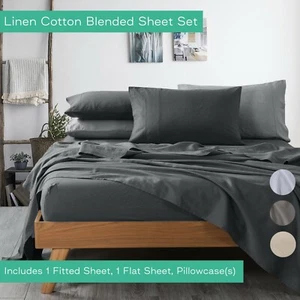 Linen Cotton Blended Sheet Sets Queen King Single Flat,Fitted Sheet Pillowcase  - Picture 1 of 5