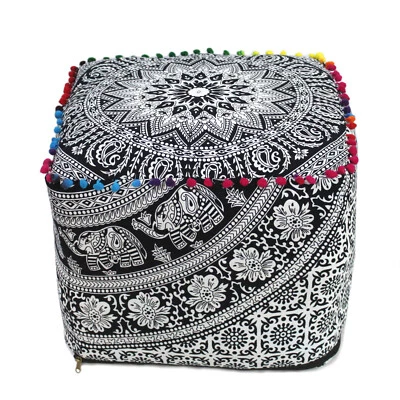Square Ottoman Pouf Cover Indian Black & White Mandala Footstool Cover All Size - Image 1 of 4