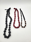 Hawaiian Black Kukui Nut Lei, 2 1980s Handmade Cloth "Bead"  Necklaces