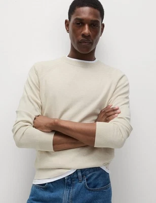 Marks & Spencer Mens Cream Cotton Crew Long sleeved Men Jumper - M&S