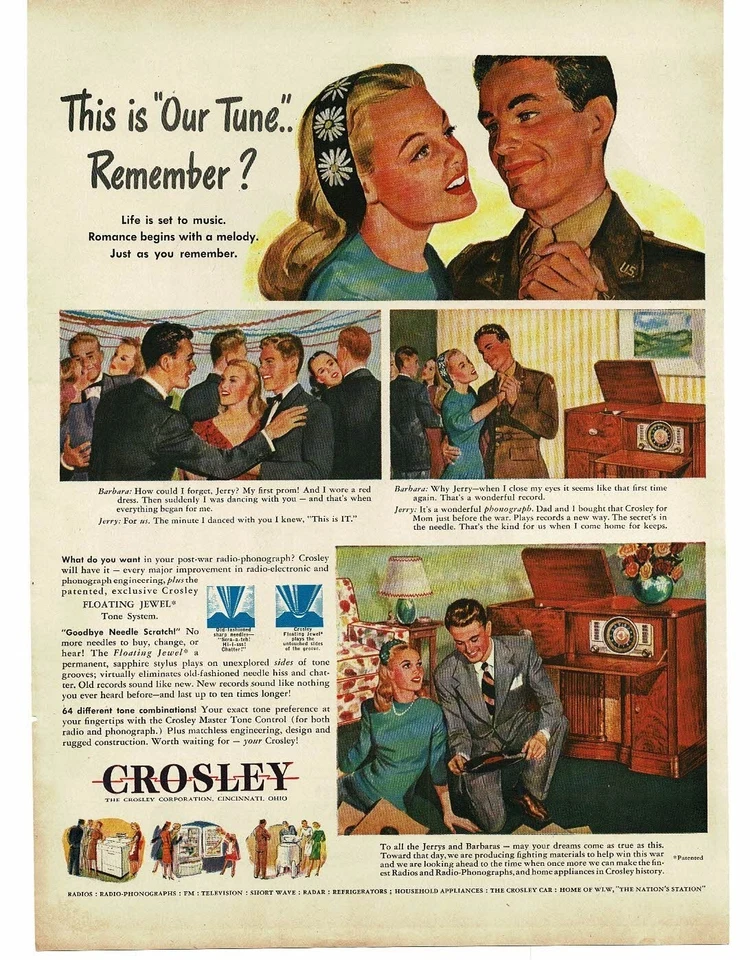1945 Crosley Radio Phonograph Soldier & Wife reminisce  art WWII Print Ad - Image 1 of 1