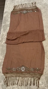 Sciarpa scialle Sue Wong 100% seta grande marrone argento pizzo trasparente perline a mano nuova #41 - Foto 1 di 10