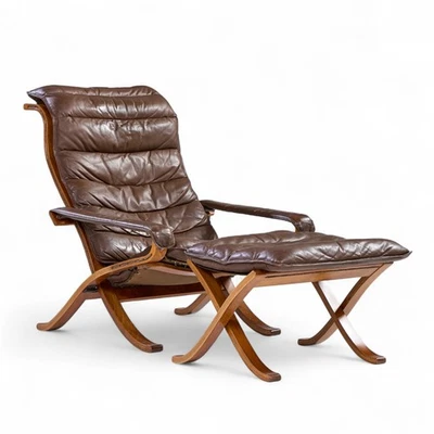 Relling Ingmar para sillón y otomana de cuero Westnofa Mid Century Foto 1 de 4