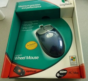 Vintage Logitech Wheel Mouse Optical Blue M-BJ58 Wired PS/2 & USB New in Box - Picture 1 of 6