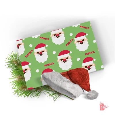 Nome personalizado bonito rosto de Papai Noel verde presente de Natal rolo de papel de embrulho - Imagem 1 de 4