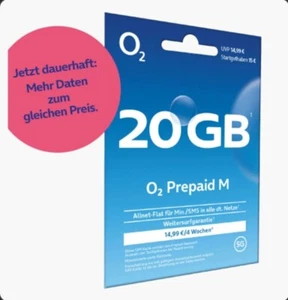 o2 Sim Karte Prepaid M - 20 GB - 15 Euro Startguthaben - Neu & OVP - Bild 1 von 1