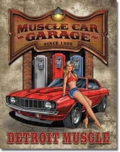 Letrero grande 40x31 cm MUSCLE CAR GARAGE pub garaje retro estaño metal hombre cueva bar - Imagen 1 de 1