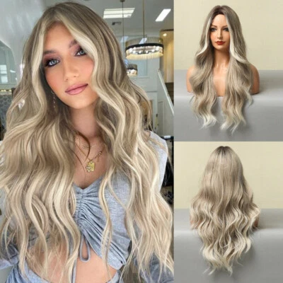 Pelucas largas onduladas de cabello blanco platino rubio ombre rubio resaltado para mujer fiesta Foto 1 de 4