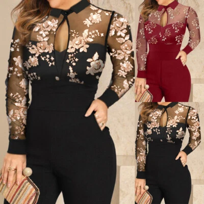 Damen Elegant Overalls Jumpsuit Spitze Hosenanzug Läng Einteiler Langarm Romper! - Bild 1 von 4