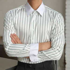 Camisa informal a rayas manga larga para hombre británica retro negocios blusa calce ajustado - Imagen 1 de 12