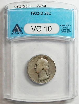 1932-D Washington Quarter : ANACS VG10  Key Date - Image 1 of 2