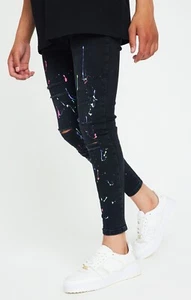 Messi X SikSilk Boys Washed Black Paint Splat Skinny Denims 3 Years - Picture 1 of 5