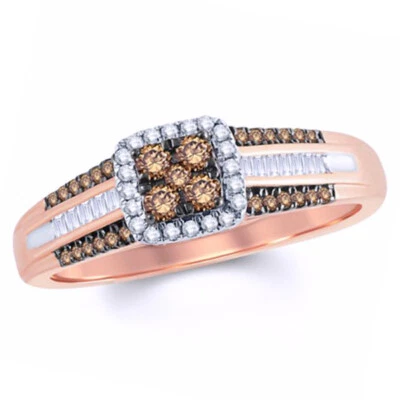 Anillo de compromiso con marco de diamantes blancos y champán de 1/3 quit en oro rosa de 10 k Foto 1 de 2