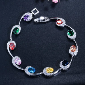 Silver Plated Multicolor Cubic Zircon Oval Charms Bracelet Fine Jewelry for Lady - Picture 1 of 18