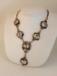 Vintage dorado plata esterlina cristal blanco collar bisel conjunto babero - Imagen 1 de 13
