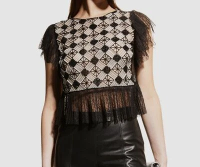 Top corto de encaje con volantes y cuentas negras para mujer Alberta Ferretti talla 42 $1695 Foto 1 de 4